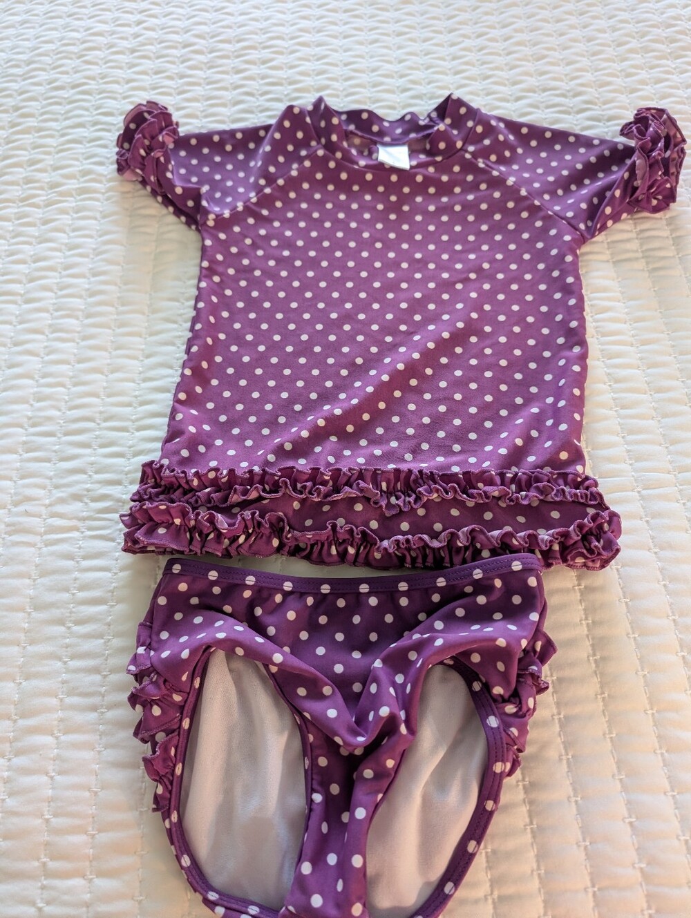 RuffleButts Purple Polka Dot Ruffle Rash Guard Swim Set - Picture 2 of 4